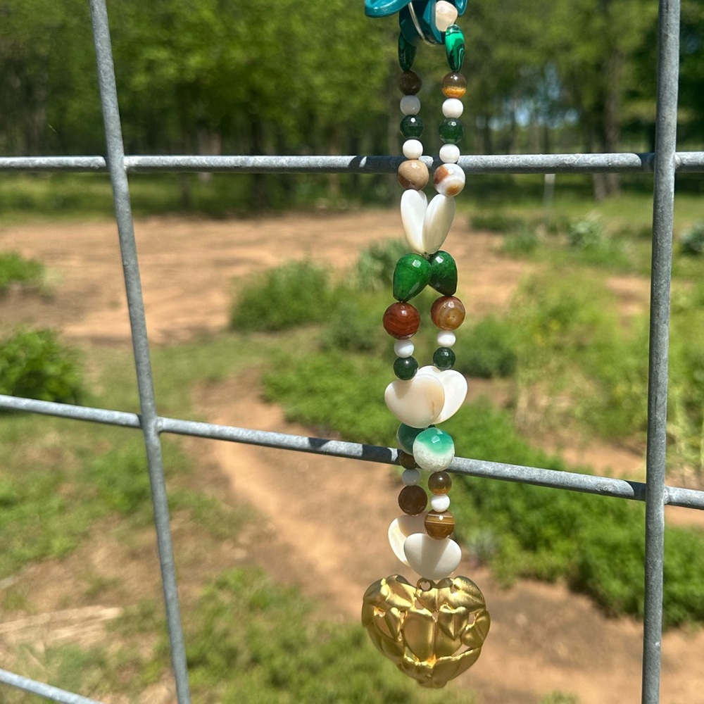 Golden Heart HangCharm (snow jade,Canadian jade,brown cat’s eye,malachite